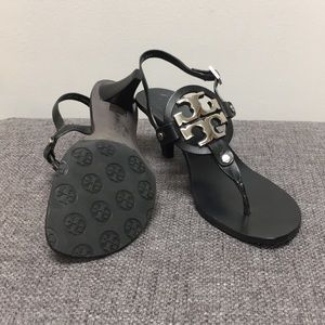 Tory Burch Holly Black and Silver kitten heels.